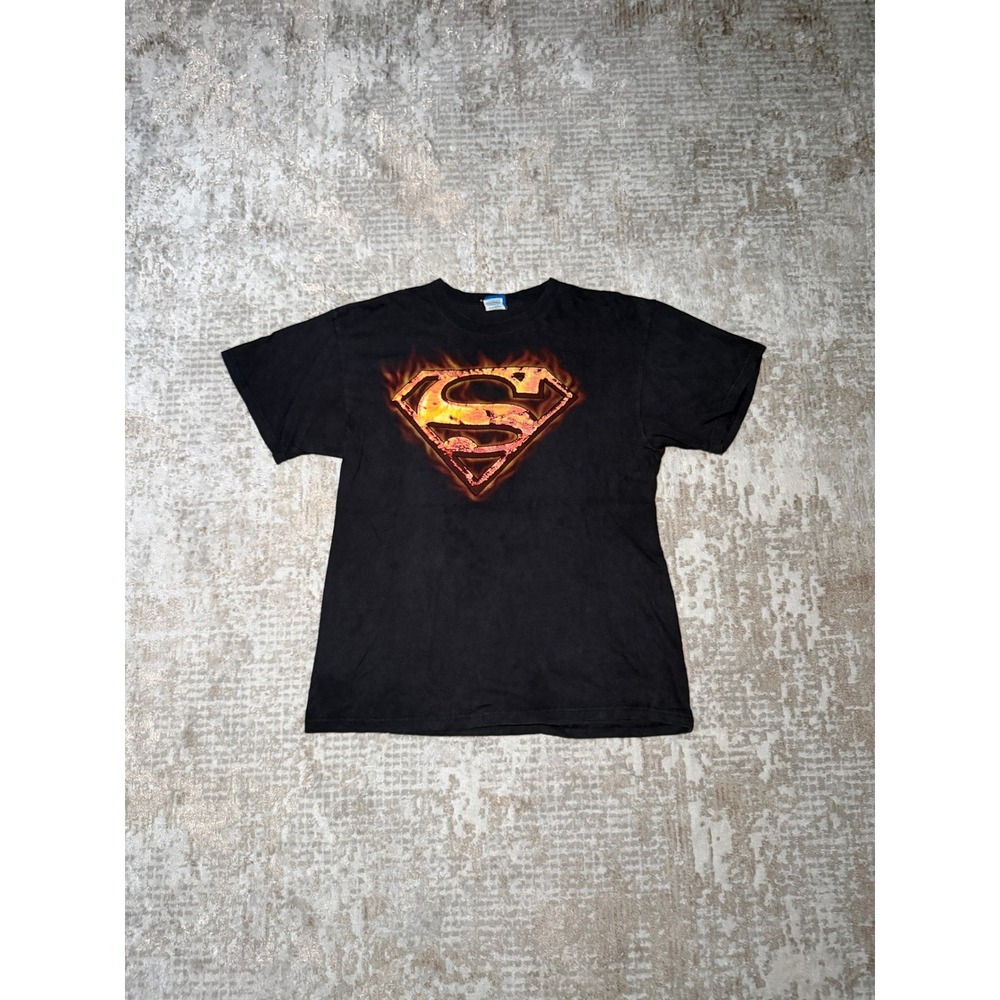 Y2K Superman DC Comics Flaming Shield Logo Graphic Print Black Superhero T-Shirt